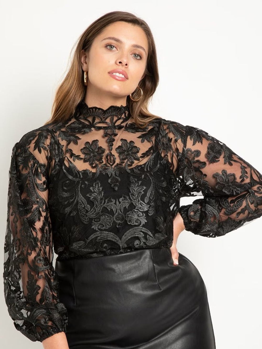Eloquii black lace long balloon sleeve blouse